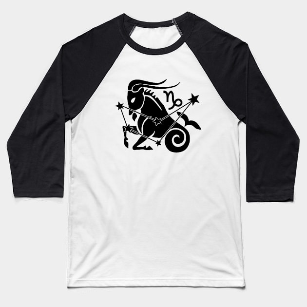 Capricorn - Zodiac Astrology Symbol with Constellation and Sea Goat Design (Black on White, Symbol Only Variant) Baseball T-Shirt by Occult Designs